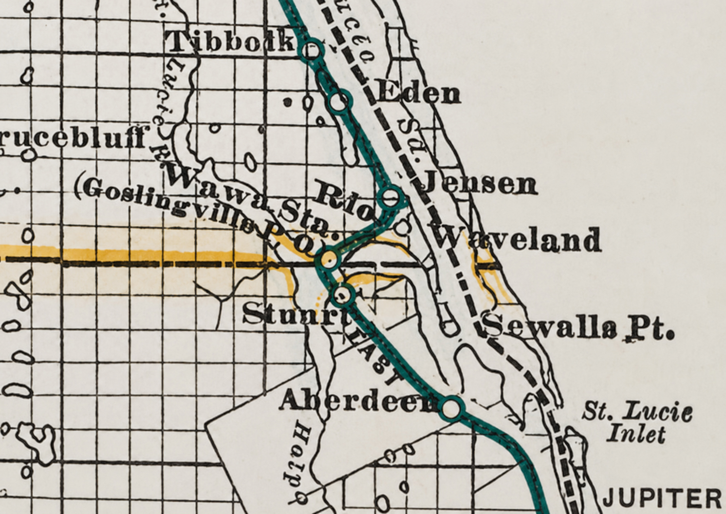 Zoomed section of a 1910 Florida map showing the Rio, Jensen, Sewalls Pt, and Wawa station area.