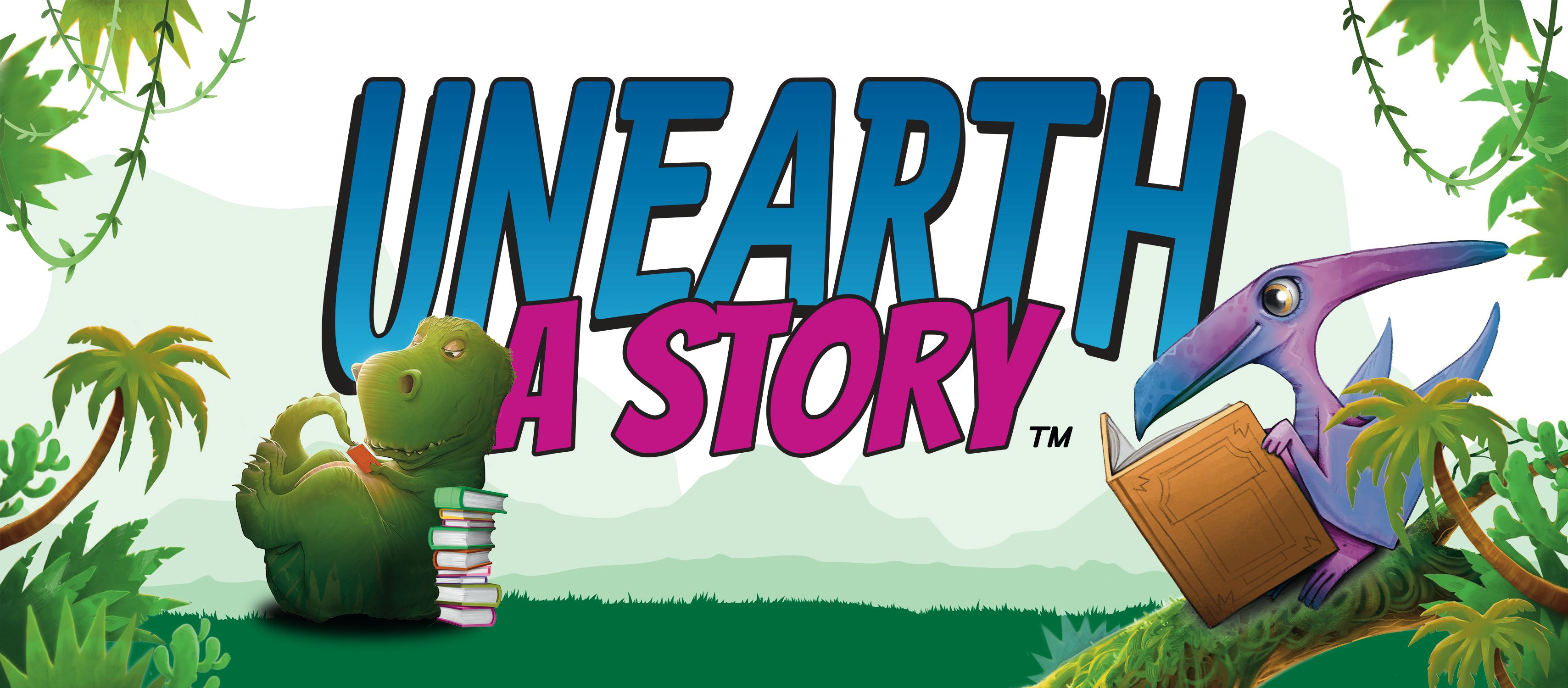 Unearth a story two cartoon dinosaurs with books