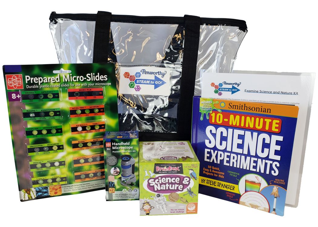 Clear bag with science books and activities around it